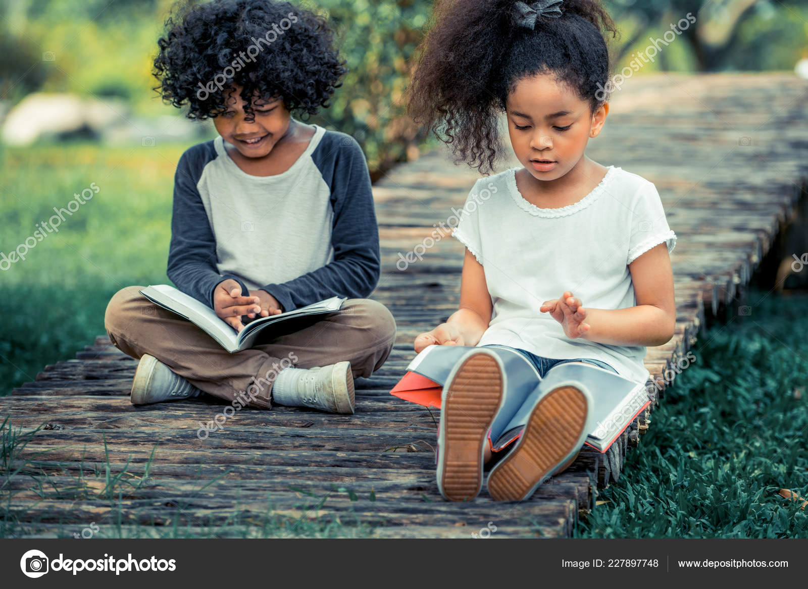 Happy Little Boy Girl Park Two African American Children Together