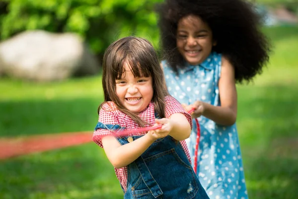 Fröhliche Kinder Die Tauziehen Spielen Und Spaß Beim Sommerlichen Zelten — Stockfoto