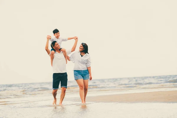母と息子の幸せな家庭は 夏に熱帯の砂浜に休暇を行く — ストック写真