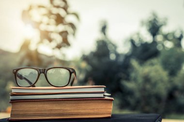 Yumuşak odak retro tarzı kitap ve göz gözlük doğa arka plan ile. Okuma ve eğitim kavramı.