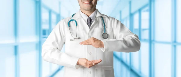 Male Doctor Hospital Opening Hand Palm Build Copy Space Your — Stock Photo, Image