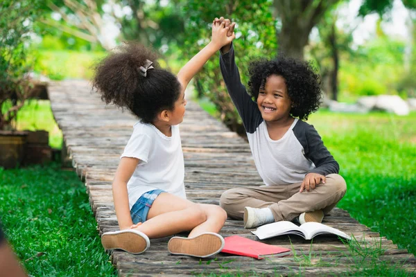 Happy Little Boy Girl Park Two African American Children Together — Stock Photo, Image