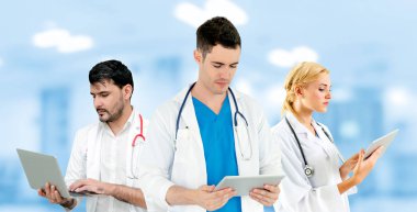 Healthcare people group. Professional doctor working in hospital office or clinic with other doctors, nurse and surgeon. Medical technology research institute and doctor staff service concept. clipart