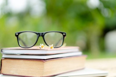 Yumuşak odak retro tarzı kitap ve göz gözlük doğa arka plan ile. Okuma ve eğitim kavramı.