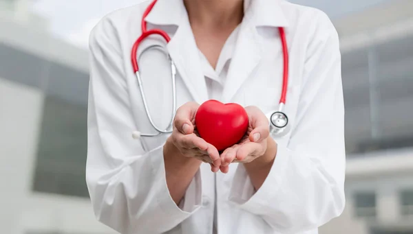 Doctor Sosteniendo Corazón Rojo Oficina Del Hospital Concepto Servicio Atención — Foto de Stock