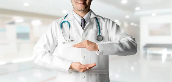 Male Doctor Hospital Opening Hand Palm Build Copy Space Your — Stock Photo, Image