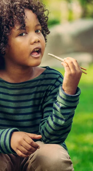 Feliz Niño Afroamericano Comiendo Snack Stick Parque Concepto Nutrición Infantil — Foto de Stock