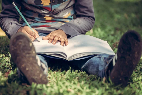孩子们坐在公园里的绿草上用铅笔在笔记本上写字 儿童教育理念 — 图库照片