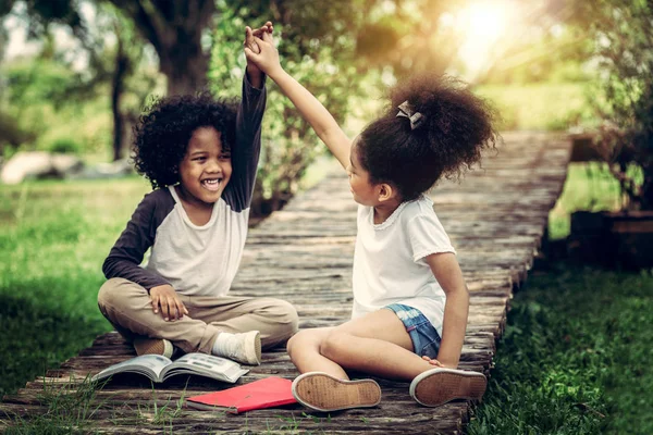 Happy Little Boy Girl Park Two African American Children Together — Stock Photo, Image
