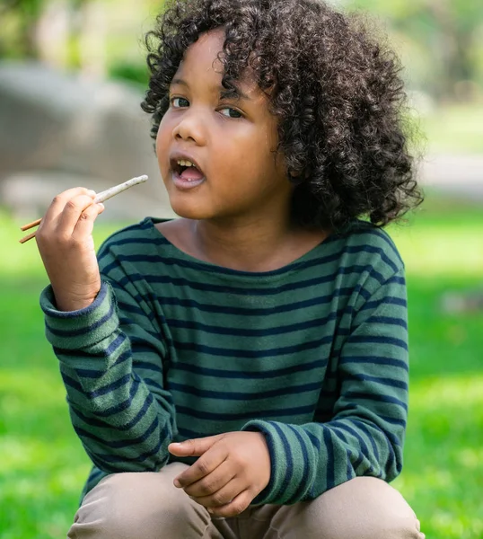 Ευτυχισμένο Παιδί Αφρικανικός Αμερικανός Τρώει Σνακ Ραβδί Στο Πάρκο Έννοια — Φωτογραφία Αρχείου