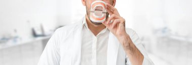 Genç erkek diş hekimi diş fırçası ve takma diş diş kliniğinde gösteren. Diş fırçası, seçici odak.