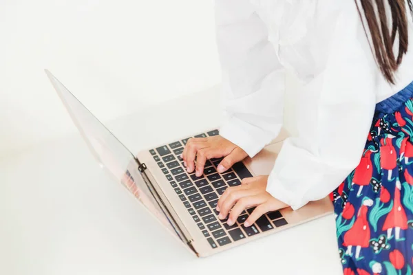 Little Kid Using Laptop Computer Sitting White Background Close Kids — Stock Photo, Image