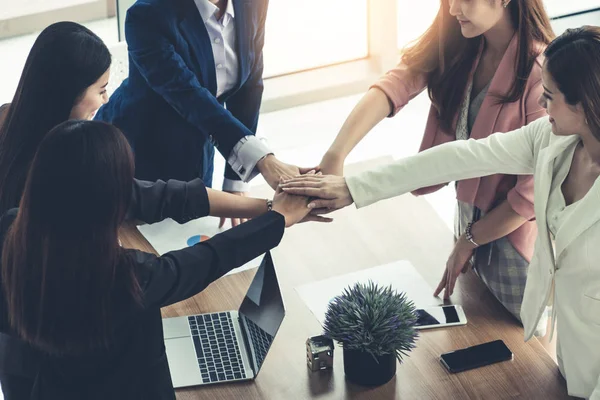 Businesswomen Joining Hands Group Meeting Modern Office Room Showing Teamwork — Stock Photo, Image