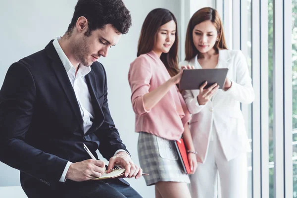 Happy Young Handsome Businessman Reading Book Working Office Colleagues Friend — Stock Photo, Image