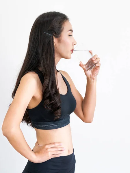 Mujer Ropa Deportiva Bebiendo Agua Gimnasio Vida Sana Concepto Hidratación —  Fotos de Stock