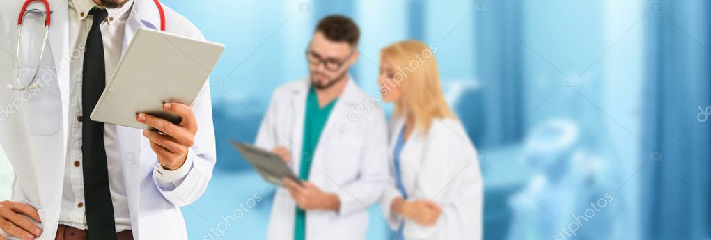 Healthcare people group. Professional doctor working in hospital office or clinic with other doctors, nurse and surgeon. Medical technology research institute and doctor staff service concept.