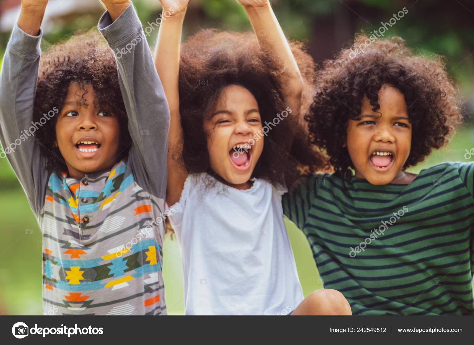 Happy African American Boy Girl Kids Group Playing Playground