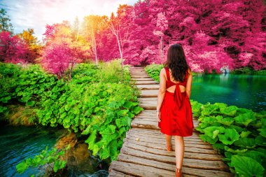 Göller ve şelale peyzaj Plitvice Gölleri Milli Parkı, Unesco Dünya Mirası ve ünlü seyahat hedef Hırvatistan ile ahşap yol iz üzerinde yürüyen kadın gezgin.