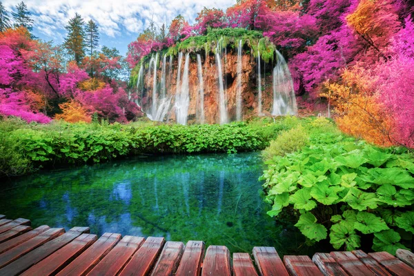 Beautiful Wooden Path Trail Nature Trekking Lakes Waterfall Landscape Plitvice — Stock Photo, Image