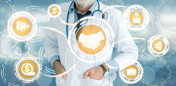 Health Insurance Concept - Doctor in hospital with health insurance related icon graphic interface showing healthcare people, money planning, risk management, medical treatment and coverage benefit.