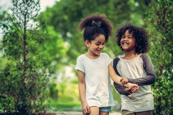 公园里快乐的小男孩和女孩 两个非洲裔美国儿童一起在花园里 — 图库照片