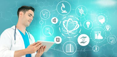 Tıbbi sağlık araştırma ve geliştirme kavramı. Doktor hastane laboratuarında bilim sağlık araştırma simge ile göster: tıbbi bakım teknoloji yenilik, tıp keşif ve sağlık veri sembolü.