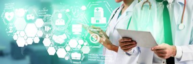 Tıbbi sağlık kavramı - doktor hastane ilaç, tıbbi bakım insanlar, acil servis ağı, hastanın sağlık doktor veri dijital tıbbi simgeleri grafik afiş gösteren sembolü ile.