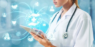 Tıbbi sağlık kavramı - doktor hastane ilaç, tıbbi bakım insanlar, acil servis ağı, hastanın sağlık doktor veri dijital tıbbi simgeleri grafik afiş gösteren sembolü ile.