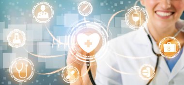 Tıbbi sağlık kavramı - doktor hastane ilaç, tıbbi bakım insanlar, acil servis ağı, hastanın sağlık doktor veri dijital tıbbi simgeleri grafik afiş gösteren sembolü ile.