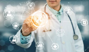 Tıbbi sağlık kavramı - doktor hastane ilaç, tıbbi bakım insanlar, acil servis ağı, hastanın sağlık doktor veri dijital tıbbi simgeleri grafik afiş gösteren sembolü ile.