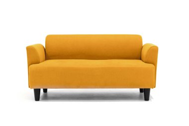 Kahverengi İskandinav tarzı modern oturma odası için modern ve minimal mobilya tasarımlı beyaz arka planda çağdaş kanepe.