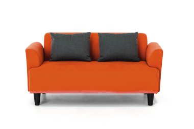 Beyaz arka planda kırmızı İskandinav tarzı çağdaş kanepe modern ve şık oturma odası için minimal mobilya tasarımı.