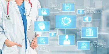 Tıbbi sağlık araştırma ve geliştirme kavramı. Doktor hastane laboratuarında bilim sağlık araştırma simge ile göster: tıbbi bakım teknoloji yenilik, tıp keşif ve sağlık veri sembolü.