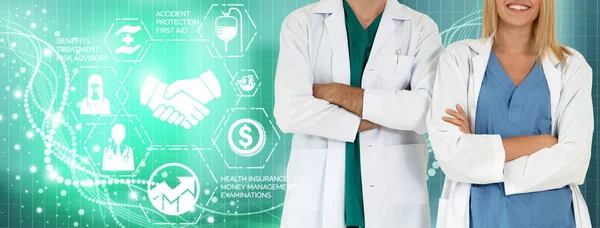 Health Insurance Concept - Doctor in hospital with health insurance related icon graphic interface showing healthcare people, money planning, risk management, medical treatment and coverage benefit.