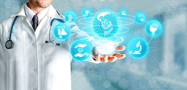 Medical Healthcare Research and Development Concept. Doctor in hospital lab with science health research icon show symbol of medical care technology innovation, medicine discovery and healthcare data.