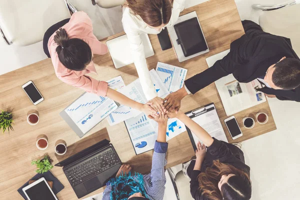 Businessmen Businesswomen Joining Hands Group Meeting Multicultural Office Room Showing — Stock Photo, Image