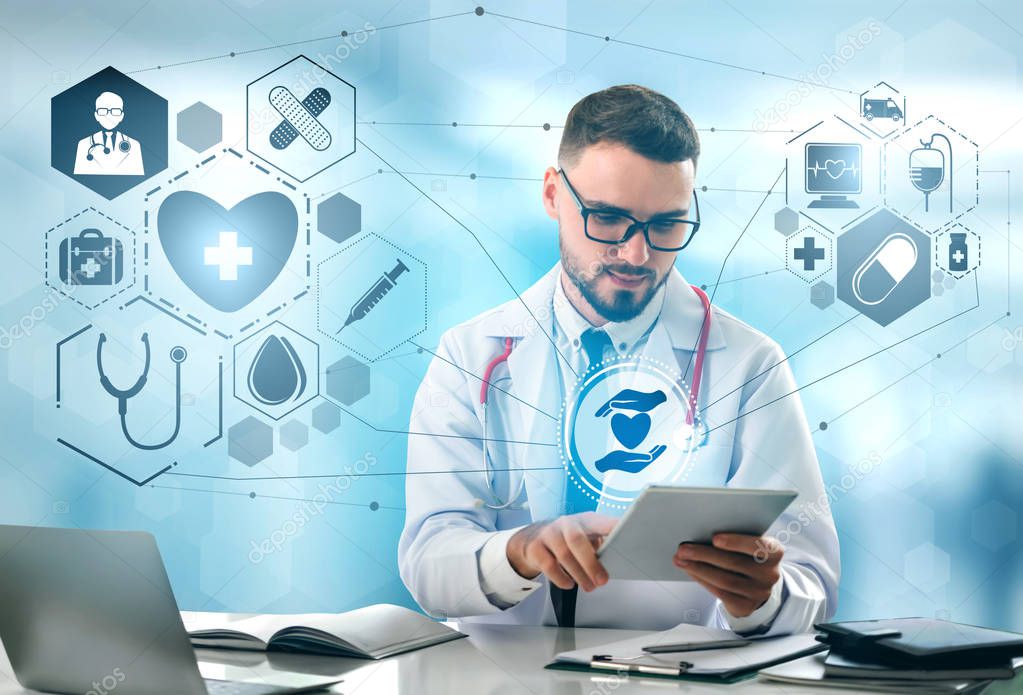 Medical Healthcare Concept - Doctor in hospital with digital medical icons graphic banner showing symbol of medicine, medical care people, emergency service network, doctor data of patient health.