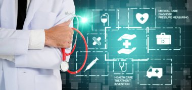 Tıbbi sağlık kavramı - doktor hastane ilaç, tıbbi bakım insanlar, acil servis ağı, hastanın sağlık doktor veri dijital tıbbi simgeleri grafik afiş gösteren sembolü ile.