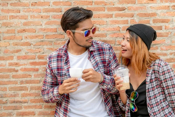 Happy Young Man Woman Drink Coffee Town Street Couple Young — Stock Photo, Image