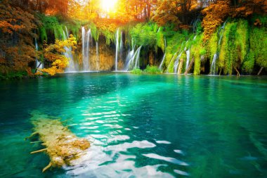 Egzotik şelale ve göl manzara, Plitvice Gölleri Milli Parkı, Unesco Dünya Mirası ve Hırvatistan'ın ünlü seyahat hedef. Göller merkezi Hırvatistan (Hırvatistan uygun bulunur).