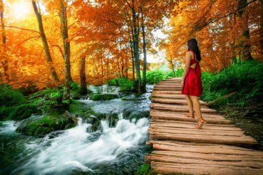 Göller ve şelale peyzaj Plitvice Gölleri Milli Parkı, Unesco Dünya Mirası ve ünlü seyahat hedef Hırvatistan ile ahşap yol iz üzerinde yürüyen kadın gezgin.