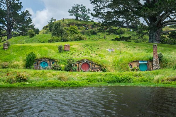 Matamata, New Zealand - Dec 11, 2016: Hobbiton movie set created for filming The Lord of the Rings and The Hobbit movies in North Island of New Zealand. It is opened for tourist who visit New Zealand.