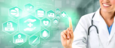 Tıbbi sağlık kavramı - doktor hastane ilaç, tıbbi bakım insanlar, acil servis ağı, hastanın sağlık doktor veri dijital tıbbi simgeleri grafik afiş gösteren sembolü ile.