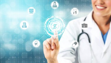 Tıbbi sağlık kavramı - doktor hastane ilaç, tıbbi bakım insanlar, acil servis ağı, hastanın sağlık doktor veri dijital tıbbi simgeleri grafik afiş gösteren sembolü ile.