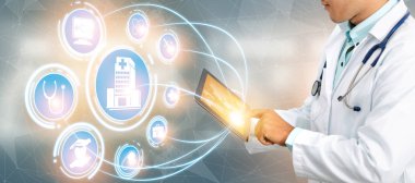 Tıbbi sağlık kavramı - doktor hastane ilaç, tıbbi bakım insanlar, acil servis ağı, hastanın sağlık doktor veri dijital tıbbi simgeleri grafik afiş gösteren sembolü ile.