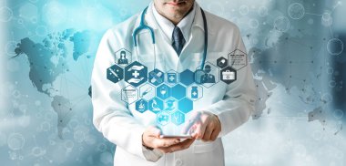 Medical Healthcare Research and Development Concept. Doctor in hospital lab with science health research icon show symbol of medical care technology innovation, medicine discovery and healthcare data. clipart