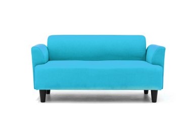 Beyaz arka planda açık mavi İskandinav tarzı çağdaş kanepe modern ve şık oturma odası için minimal mobilya tasarımı.