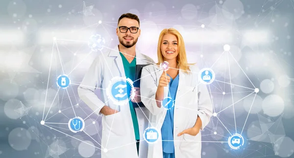 Medical Healthcare Concept - Doctor in hospital with digital medical icons graphic banner showing symbol of medicine, medical care people, emergency service network, doctor data of patient health.