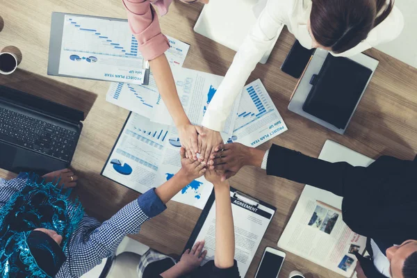 Businessmen Businesswomen Joining Hands Group Meeting Multicultural Office Room Showing — Stock Photo, Image