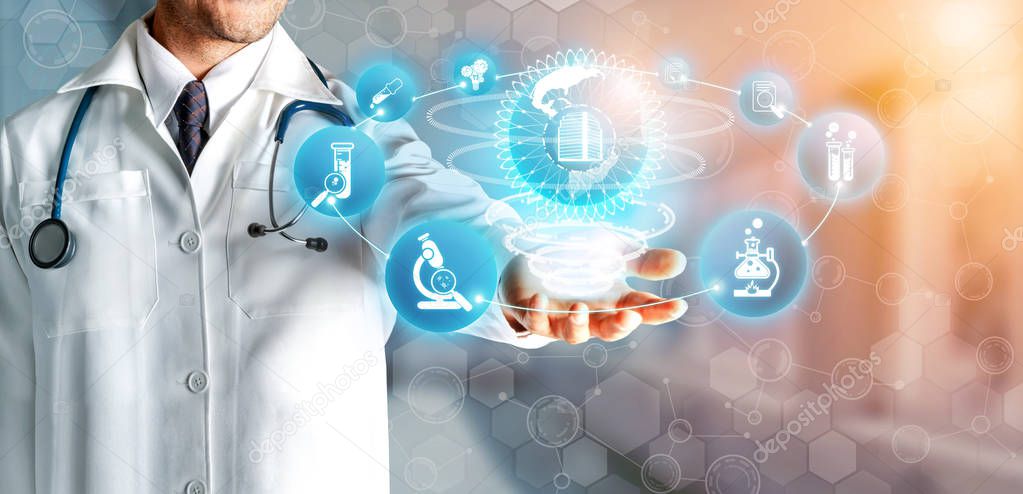 Medical Healthcare Research and Development Concept. Doctor in hospital lab with science health research icon show symbol of medical care technology innovation, medicine discovery and healthcare data.